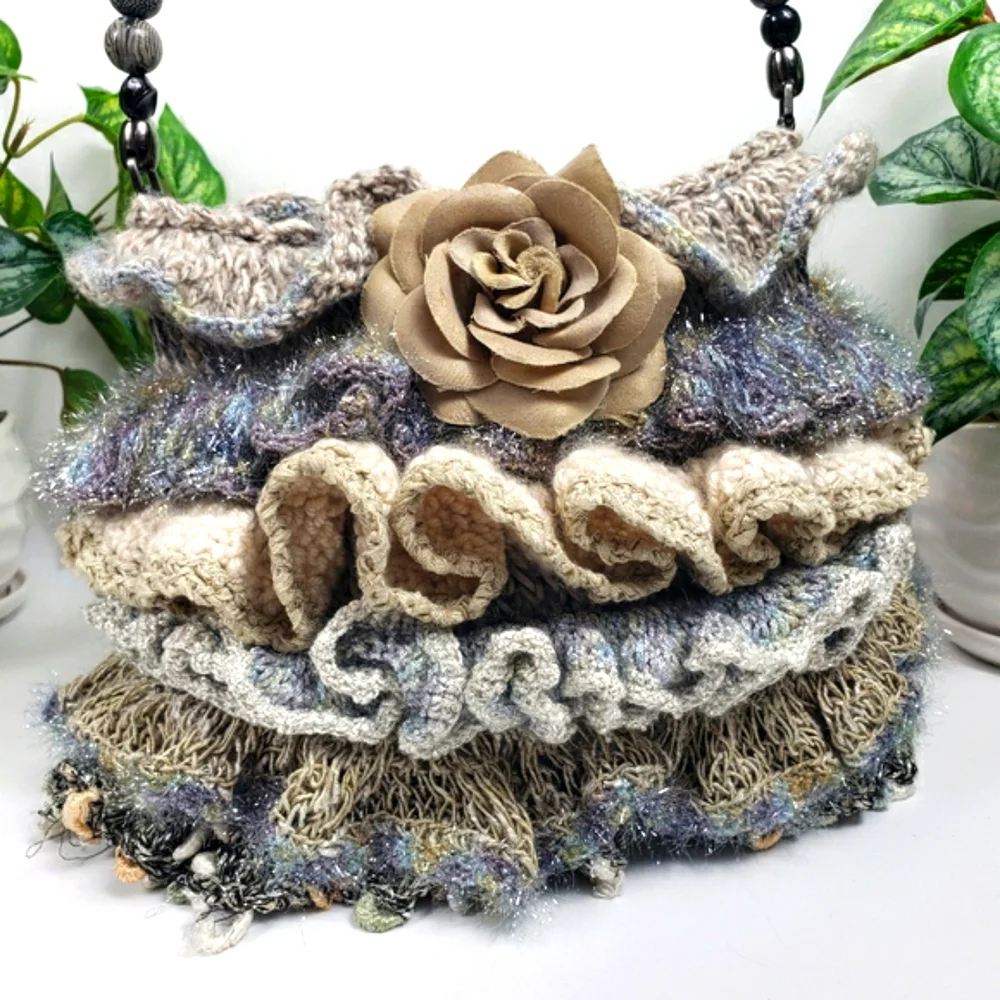 Handcrafted Crochet w/ Layers of Ruffles and a Beaded Handle Vintage Grandma